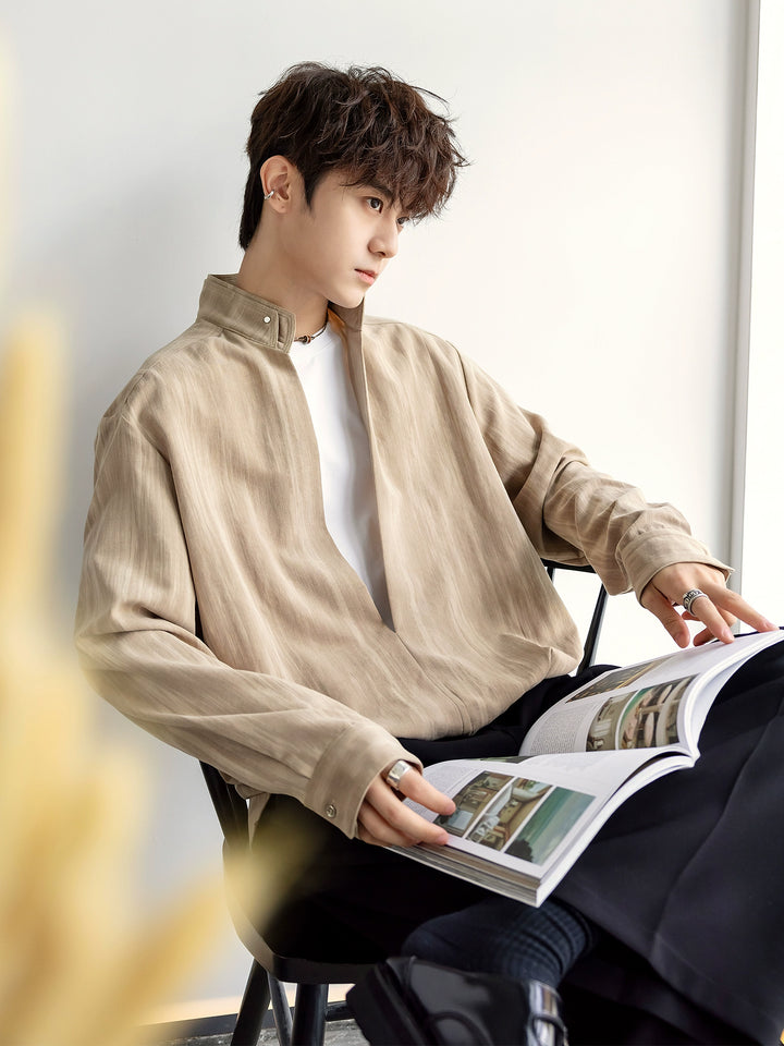 Stand Collar Brushed Denim Long Sleeve Shirt