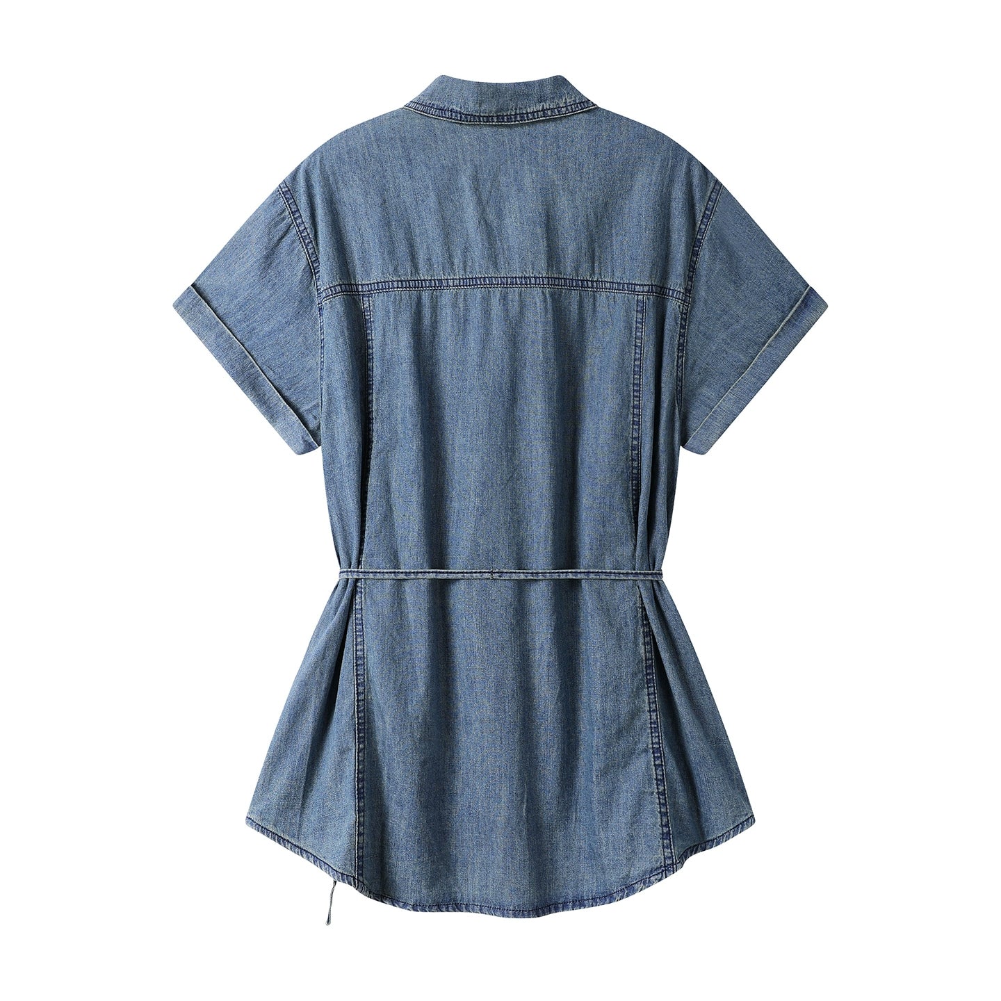 Camisa de Lapela com Cinto de Manga Curta em Jeans 