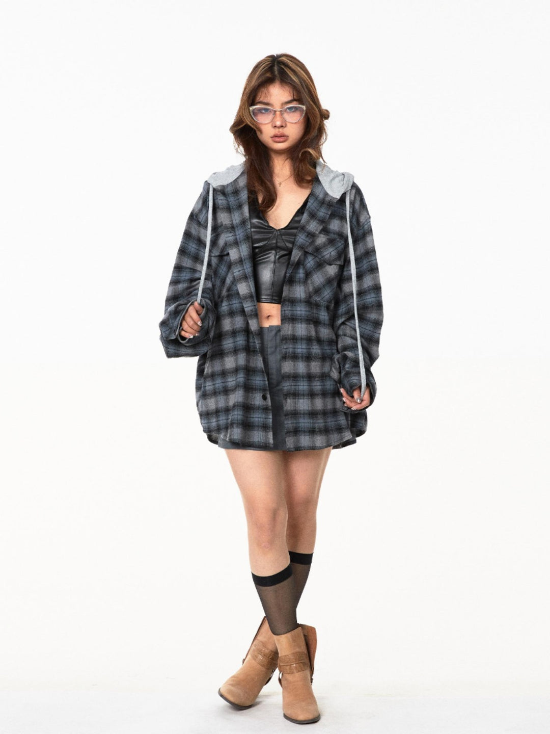 Plaid Hooded Loose Fit Jacket
