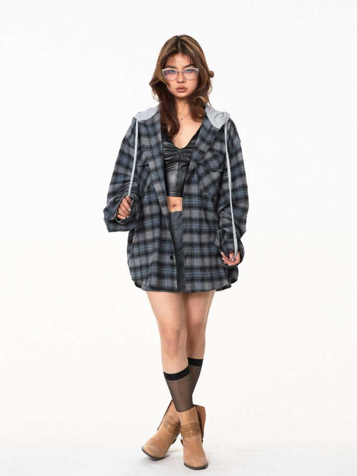 Plaid Hooded Loose Fit Jacket