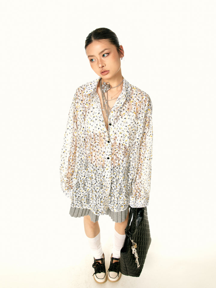 Floral Mesh Retro Pleated Shirt