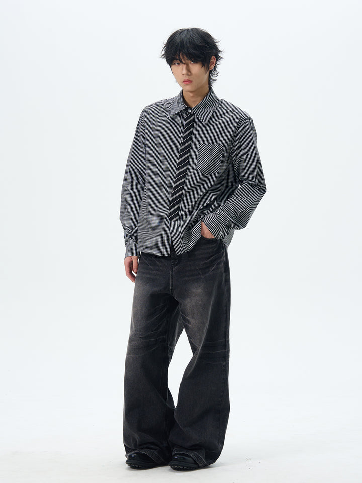 Plaid Long-Sleeve Shirt with Tie