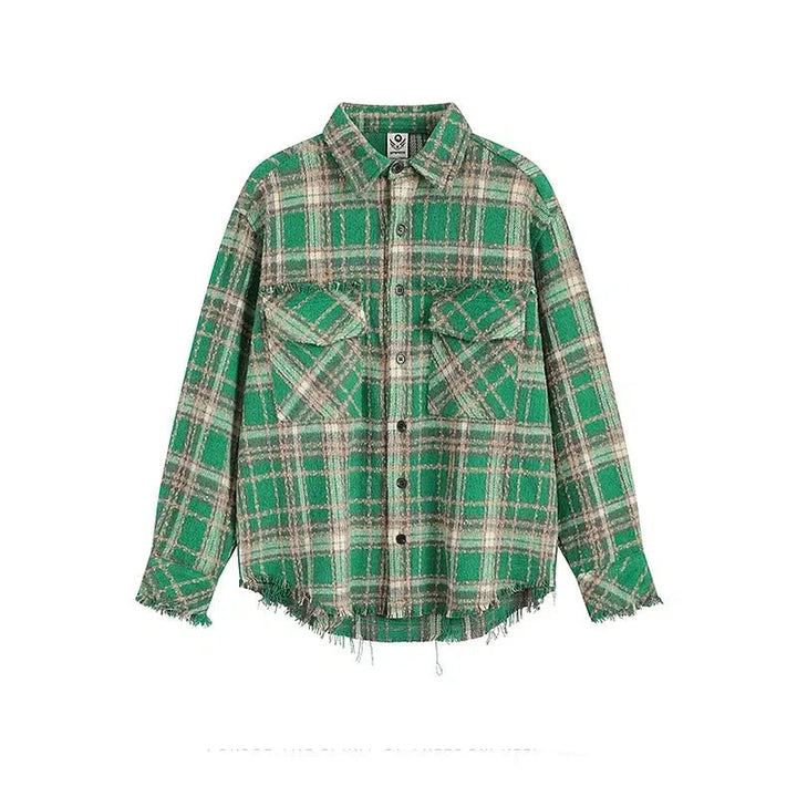 Raw Edge Long-Sleeve Plaid Shirt