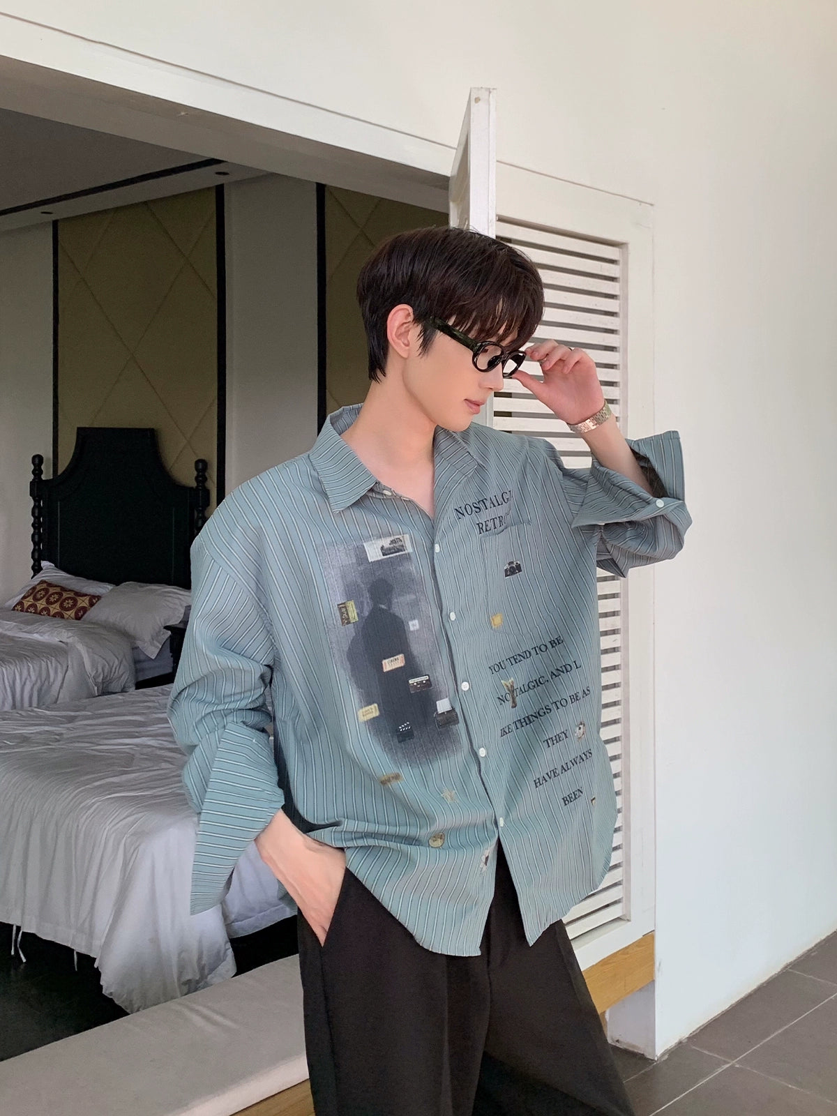 Retro-Grafik vertikale Streifen Langarmhemd 