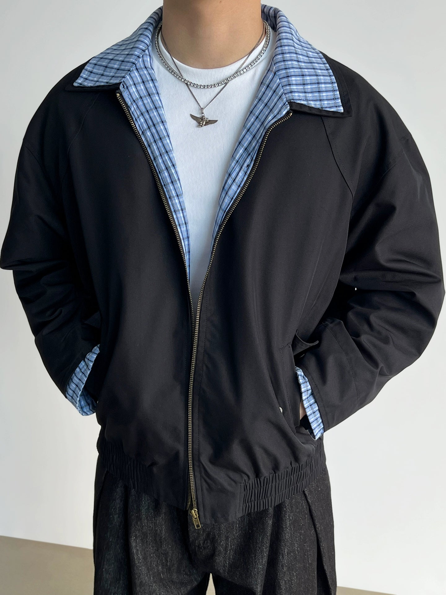 Kareli Yaka Kısa Fermuarlı Uçuş Ceketi 