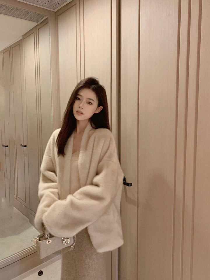Imitation Mink Fur V-Neck Coat