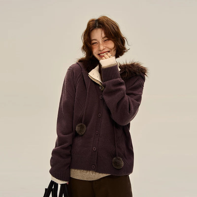 Hooded Fur Collar Knit Cardigan