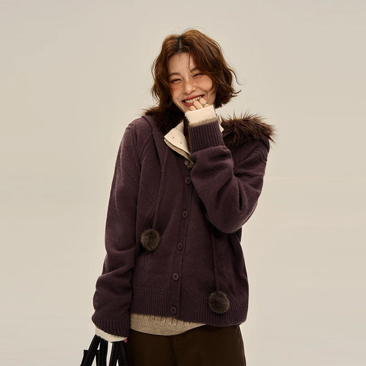 Hooded Fur Collar Knit Cardigan