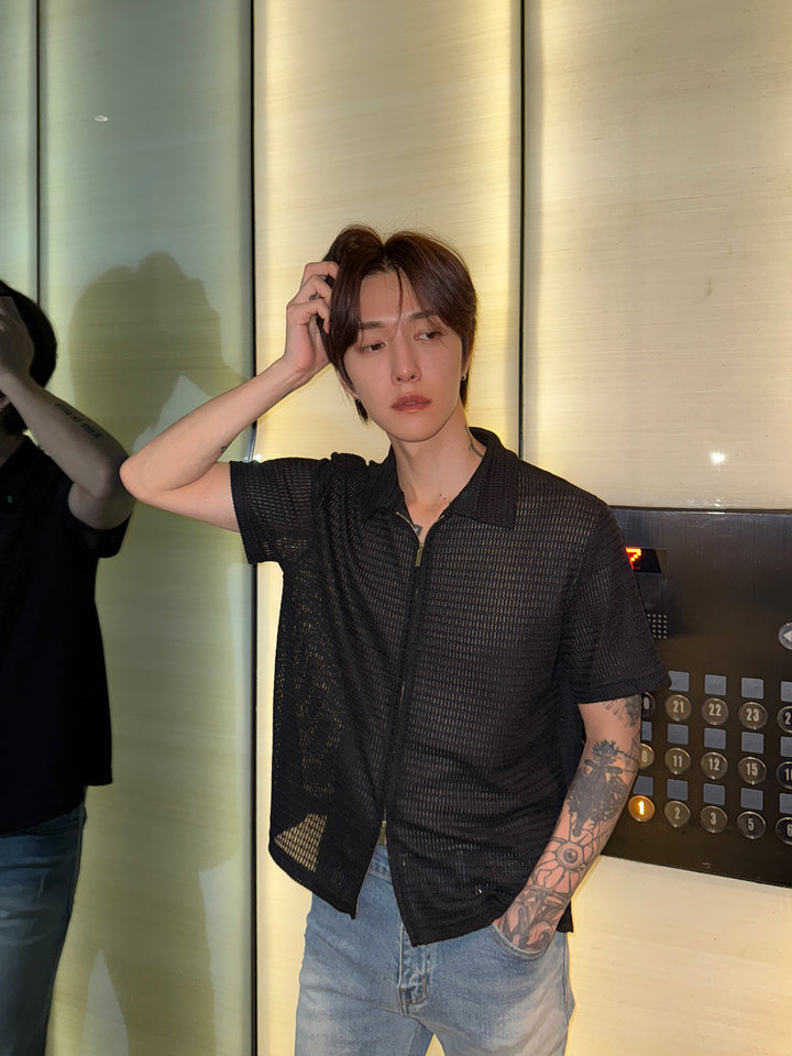 시서커 반팔 지퍼 셔츠 