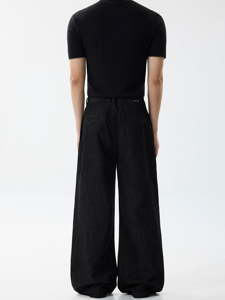 Pleated Wide-Leg A-Line Jeans
