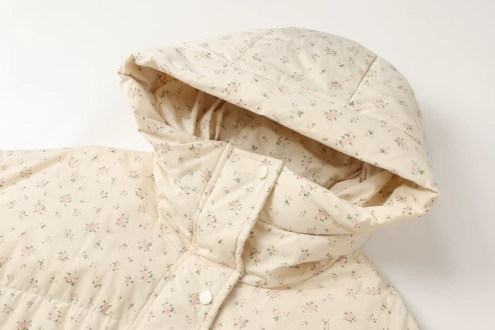 Blomstrete hettejakke med dun, løs passform 