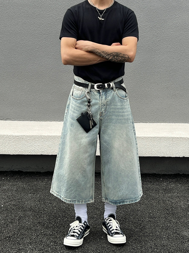 ウォッシュドワイドレッグクロップドデニムパンツ 