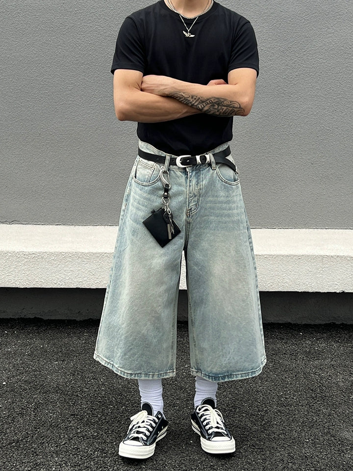 ウォッシュドワイドレッグクロップドデニムパンツ 