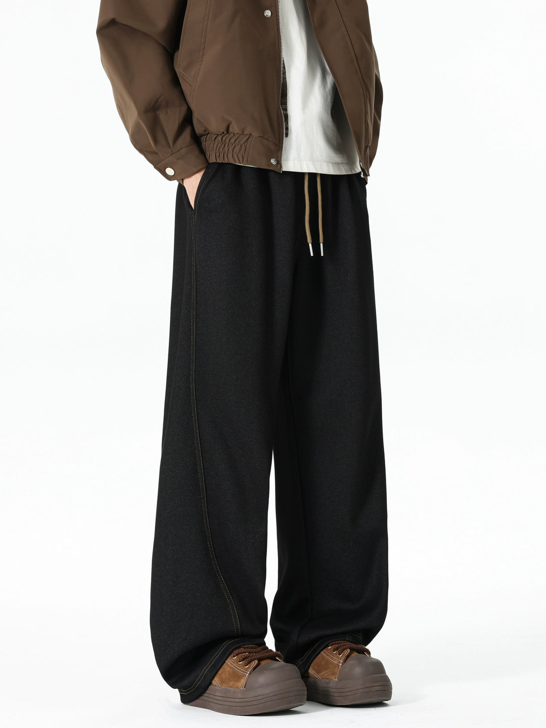 Pantaloni casual a gamba larga con vita elastica e coulisse 