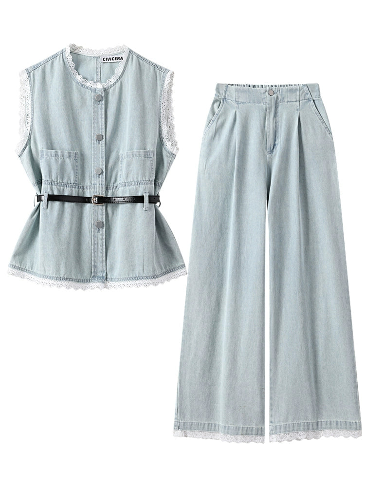 Lace Trim Denim Vest and Wide-Leg Pants