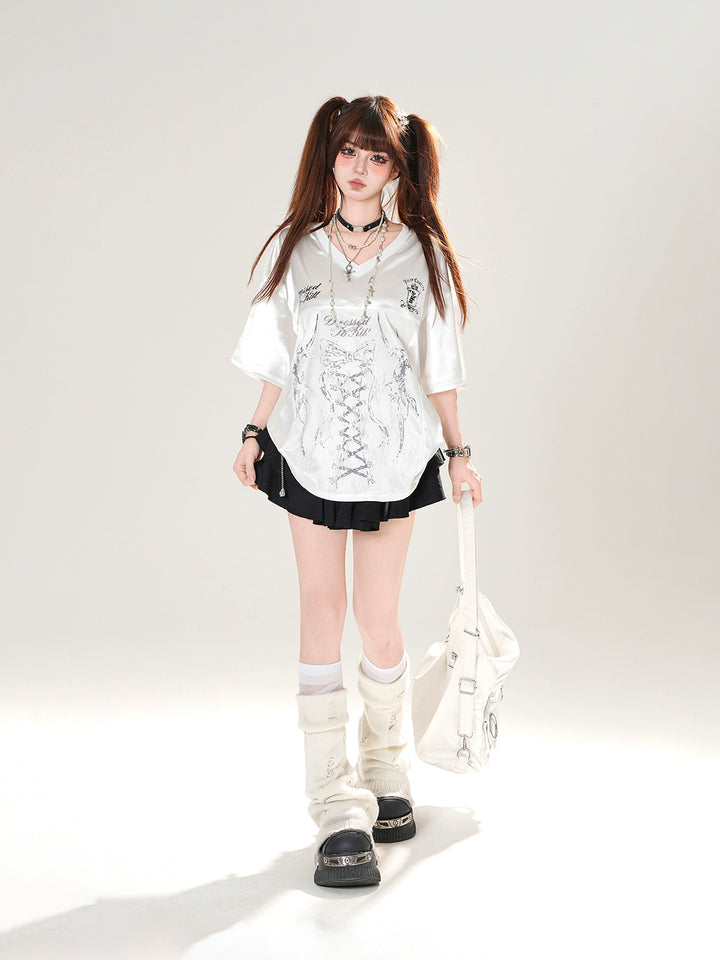 V-neck Lace Graphic Short Sleeve T-shirt