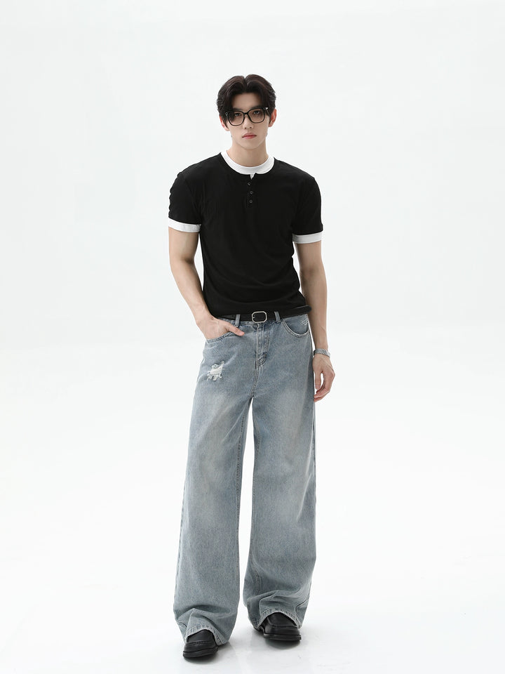 Retro Henley-Kragen Kurzarm-Pullover 