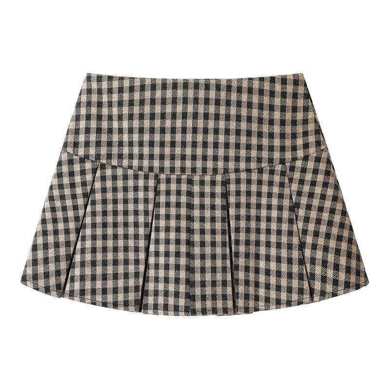 Falda corta de lana con pliegues de cuadros 
