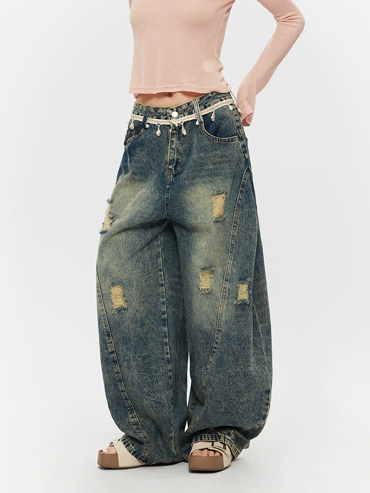 Distressed Loose Wide-Leg Straight Jeans