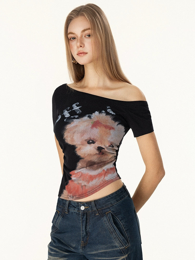 Haut à manches courtes avec imprimé chiot décolleté 