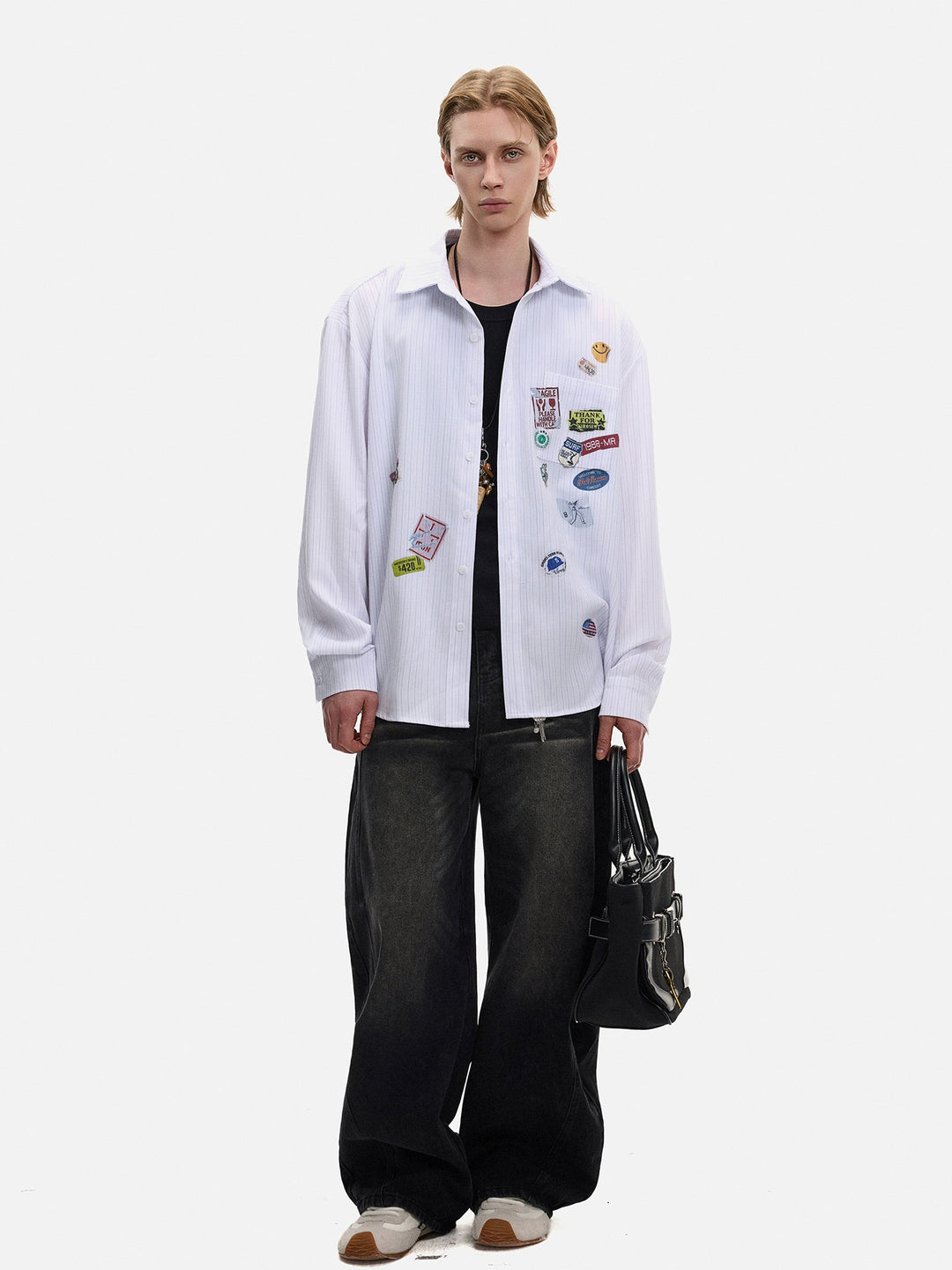 Striped Long-Sleeve Sticker Patch Shirt