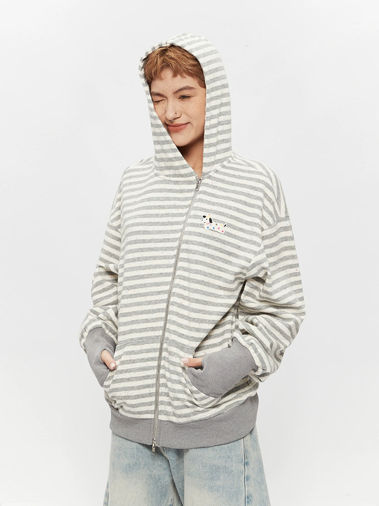 ストライプのジップアップフード付きカーディガンセーター 