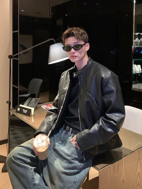 سترة دراجة نارية جلدية PU بياقة ريترو 