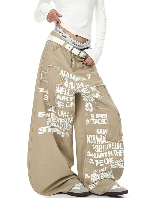 Pantalones gráficos bordados cruzados de pierna ancha 