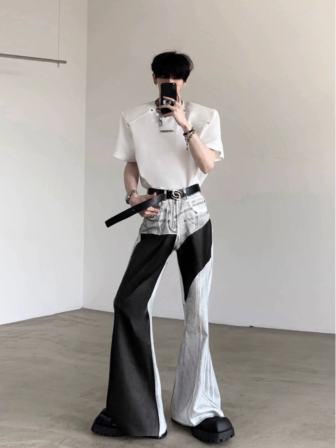 Metal Rivet Shoulder Pad Short Sleeve Pullover