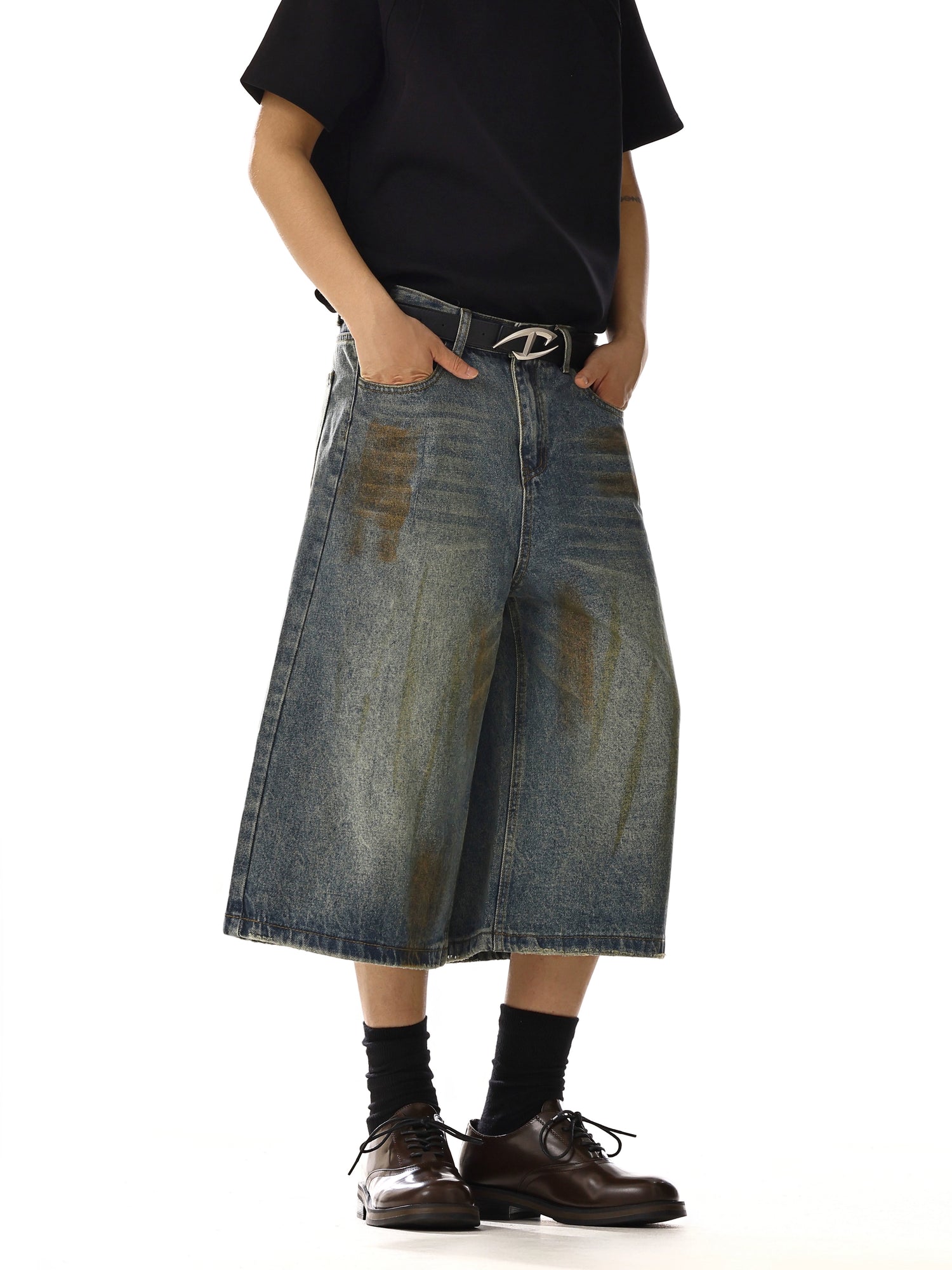 Wide Leg Mid-Length Denim Shorts