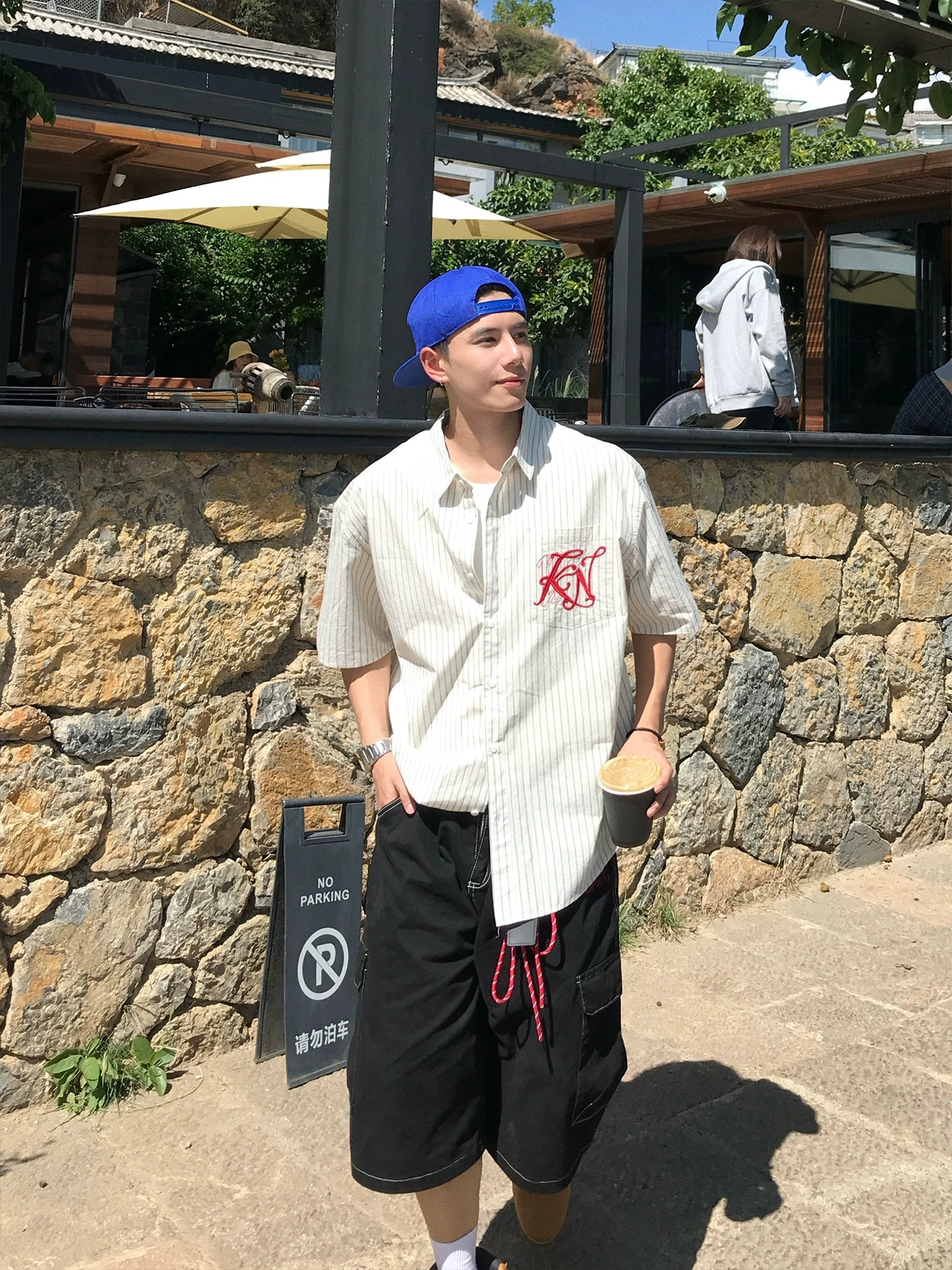 Embroidered Striped Short Sleeve Shirt