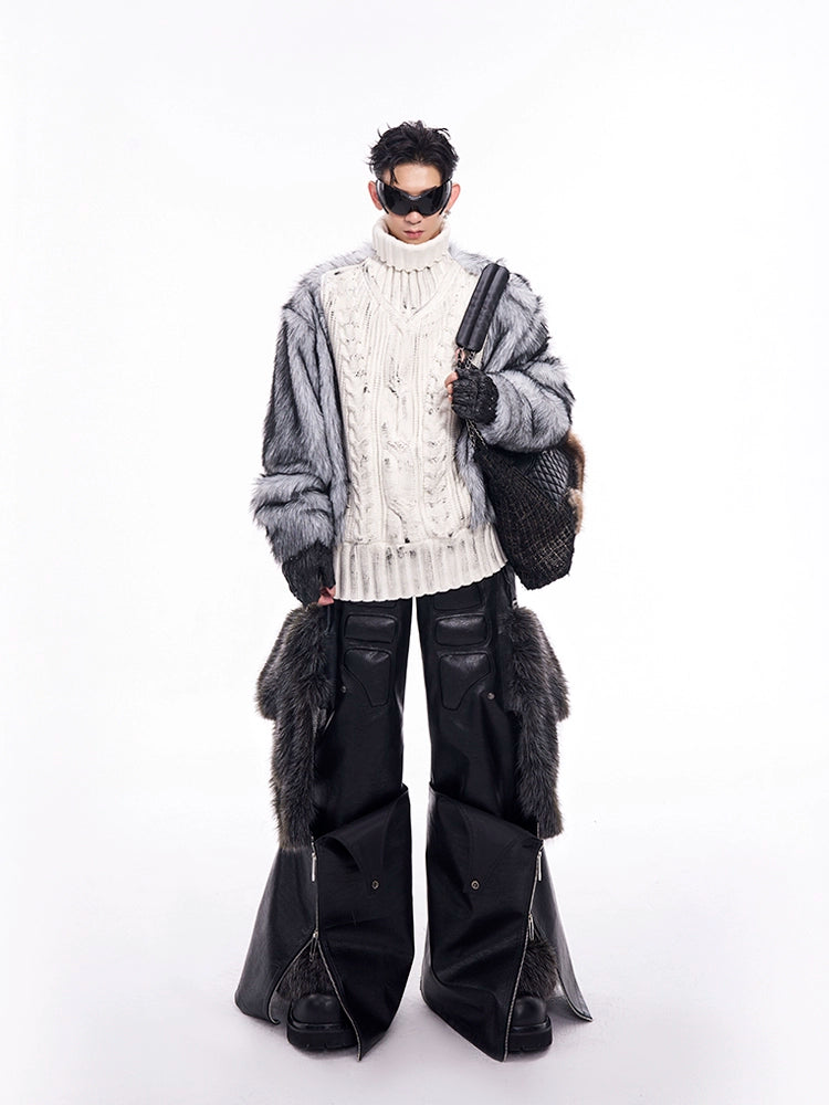 Turtleneck Fur Patchwork Knit Sweater