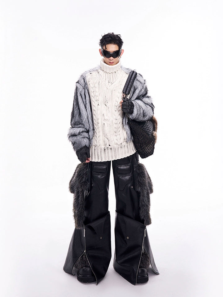 Turtleneck Fur Patchwork Knit Sweater