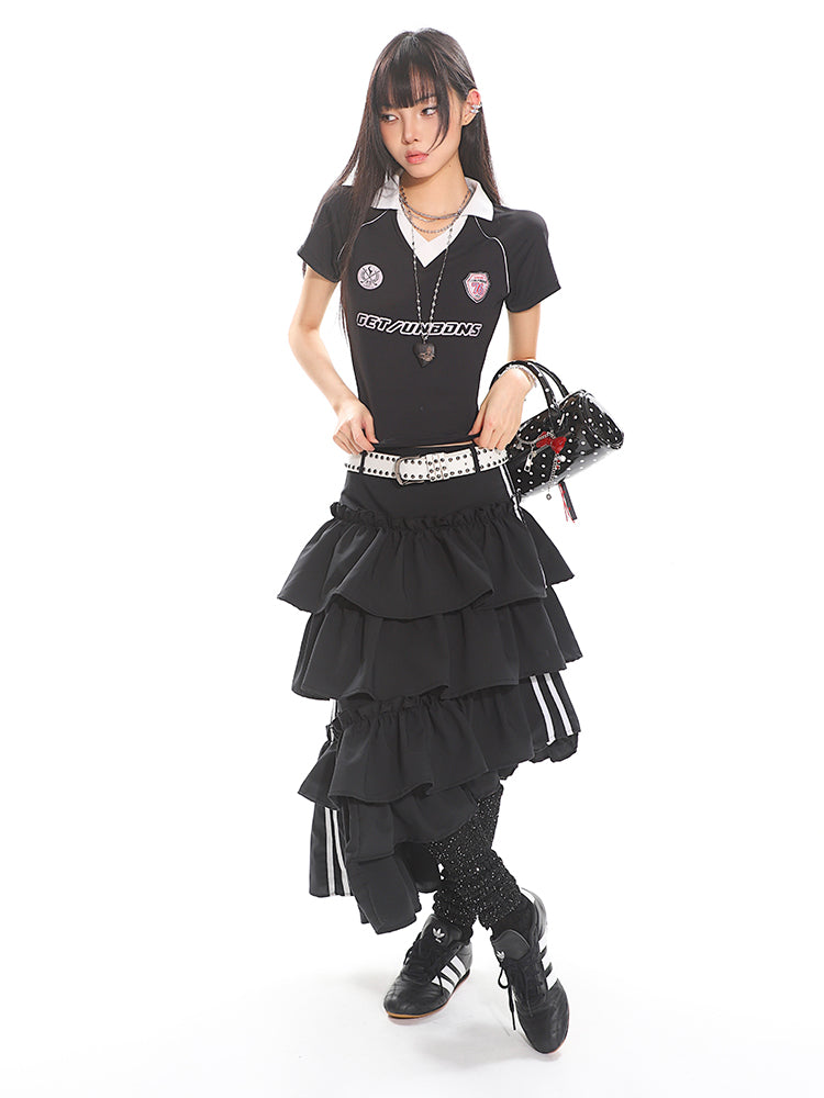 Retro Polo Collar Short Sleeve Jersey Top