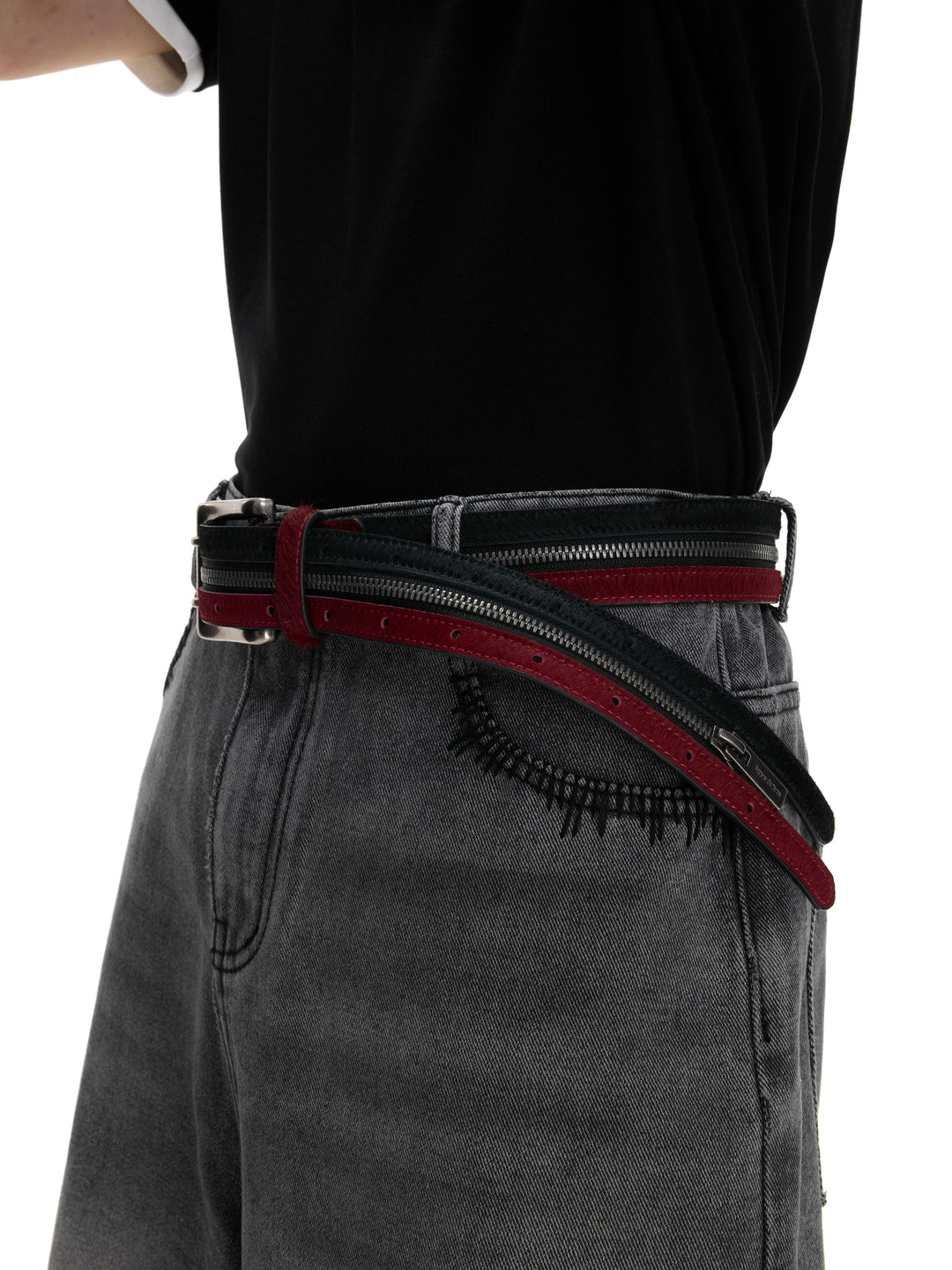 Double Zipper Fur Leather Pants Belt
