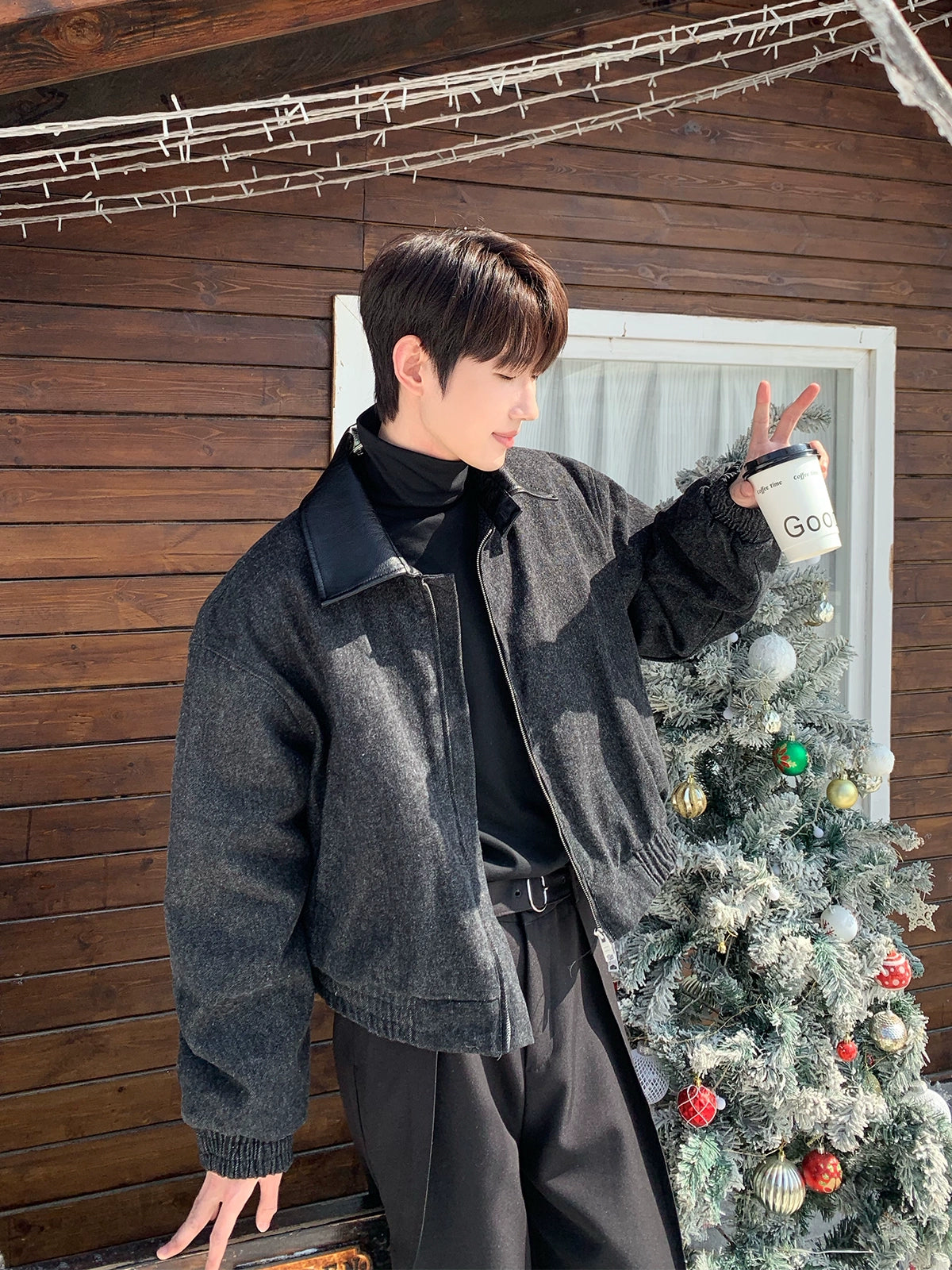 جاكيت صوف جلد PU ريترو 