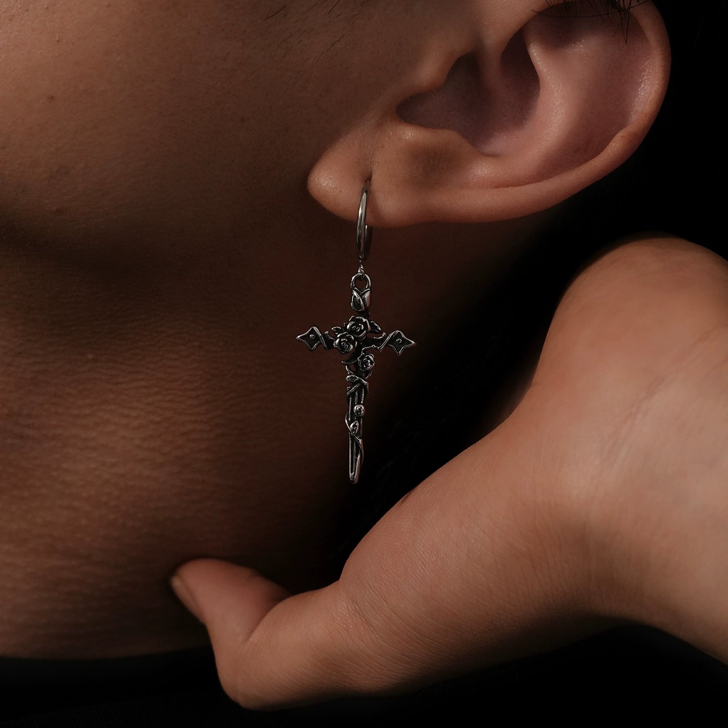 Rose Cross Pendant Hoop Earrings