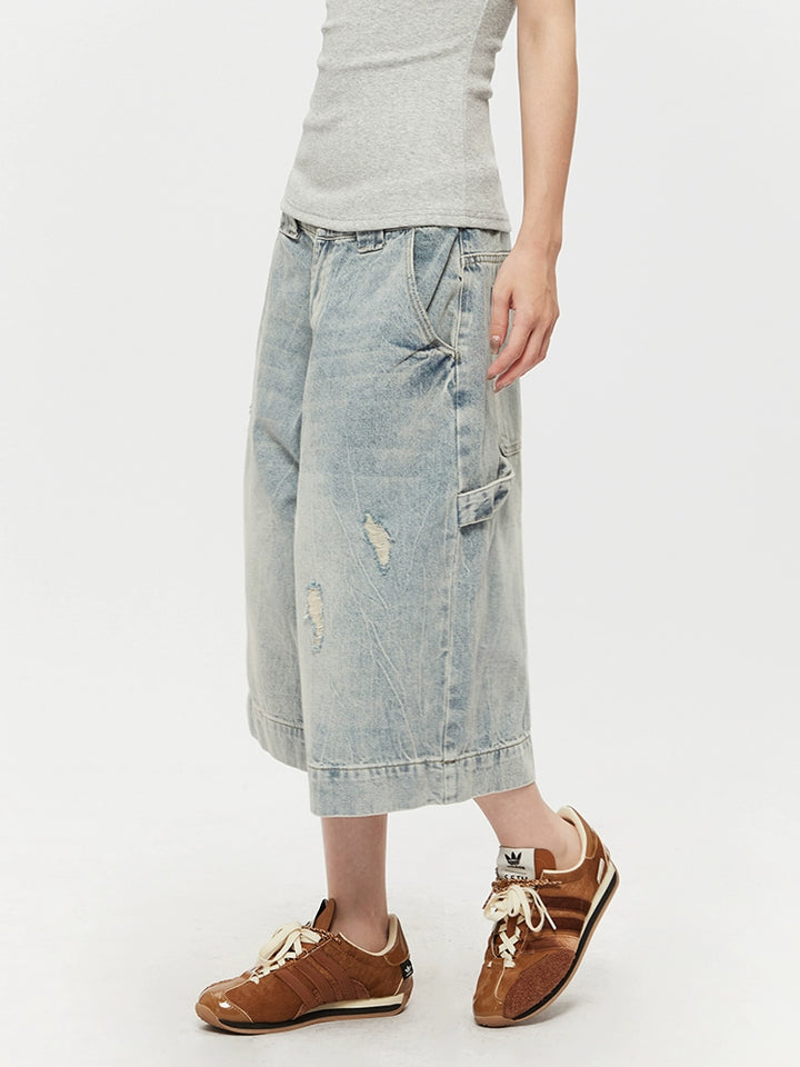 Distressed Wide-Leg Cropped Denim Pants