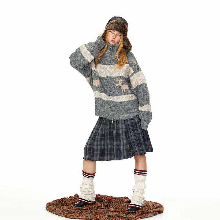 Reindeer Jacquard Stand Collar Knit Cardigan