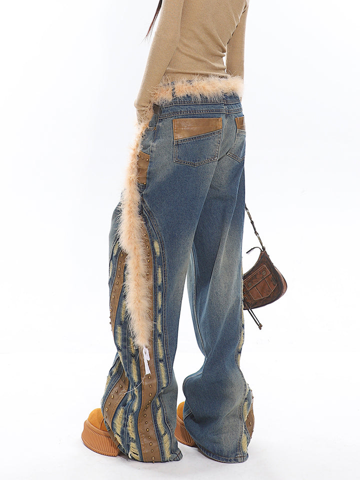 Deconstructed Leather Wide-Leg Jeans