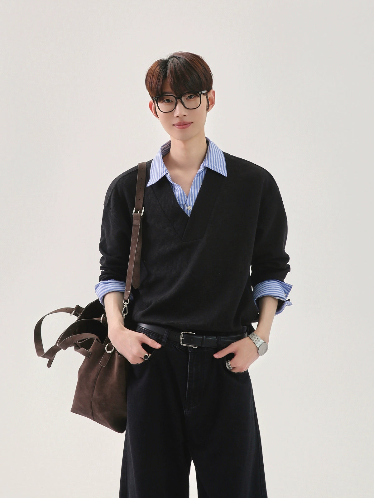 سويت شيرت بولو بأكمام طويلة مع ياقة وافل 