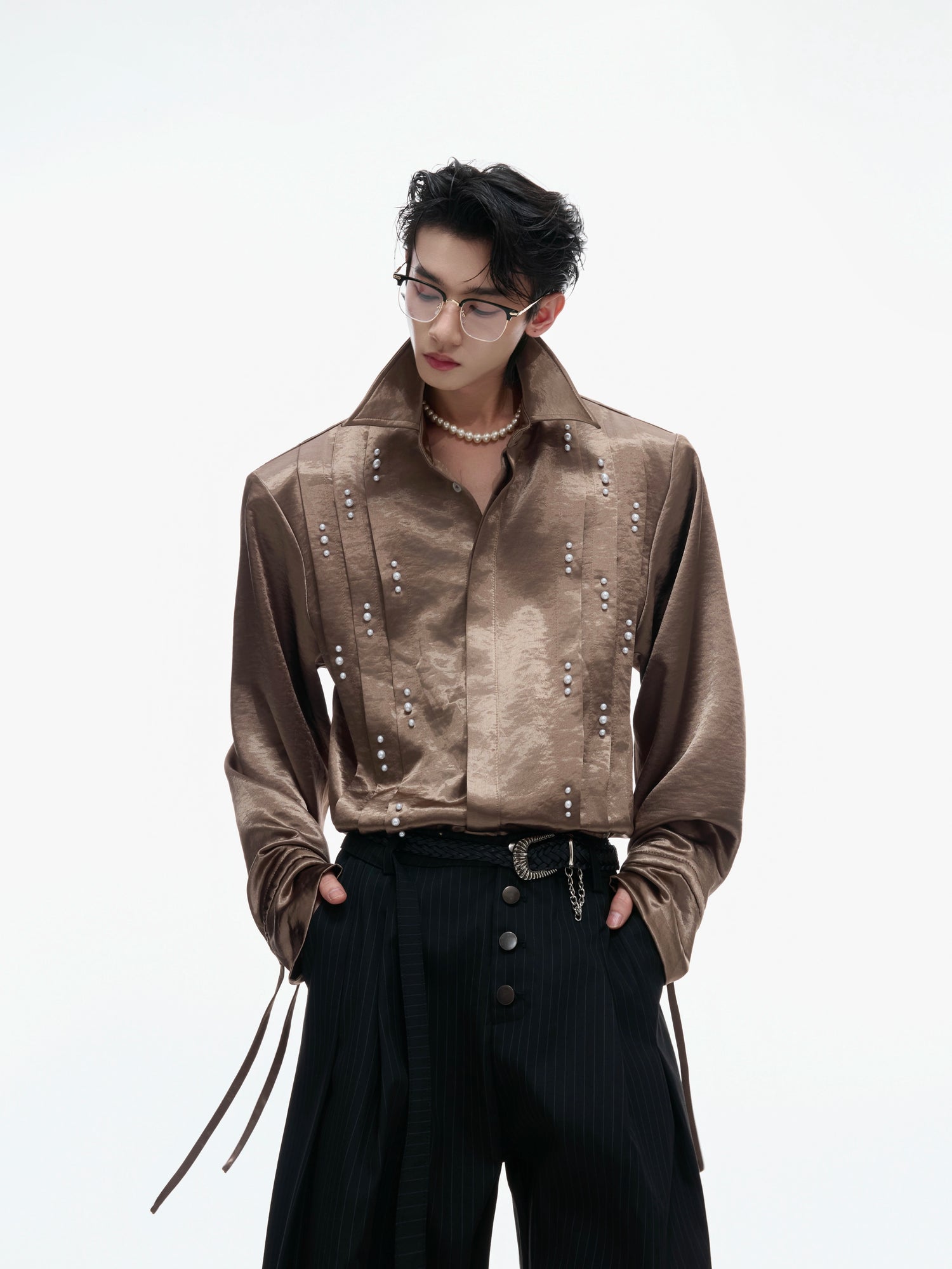 Silk Ribbon Pearl Pleated Shirt