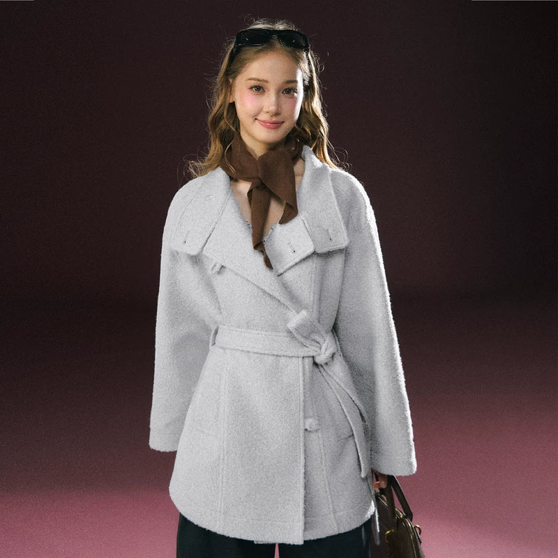 Belted Stand Collar Short Coat