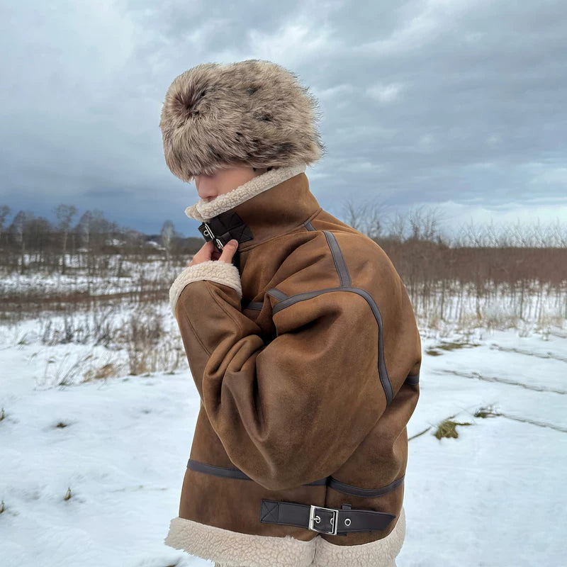 가짜 양모 털 안감 스탠드 칼라 자켓 