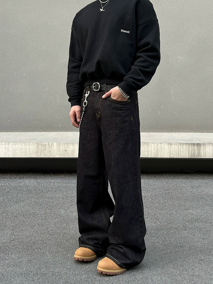 Selvedge tung rak denimbyxor 
