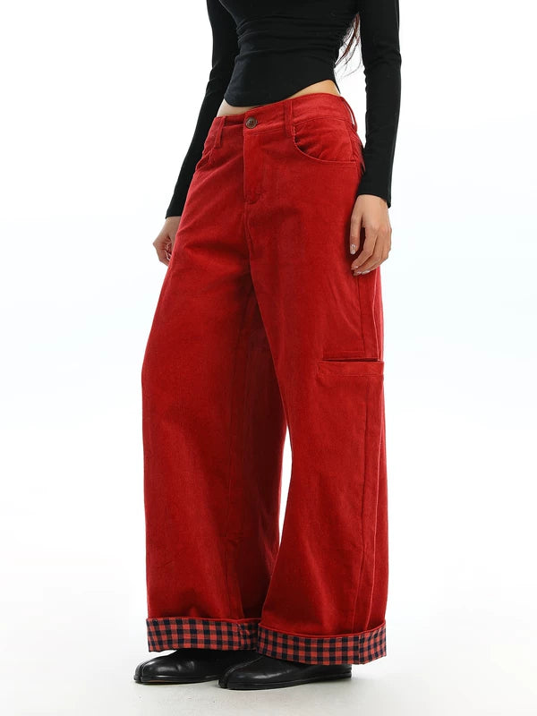 Pantalones de pierna ancha de pana con puños de cuadros 