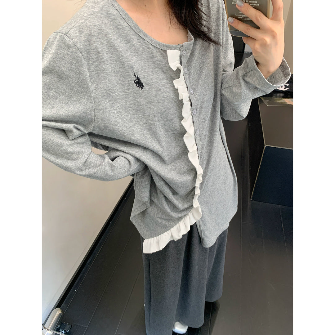 Cardigan à boutons à manches longues avec dentelle 