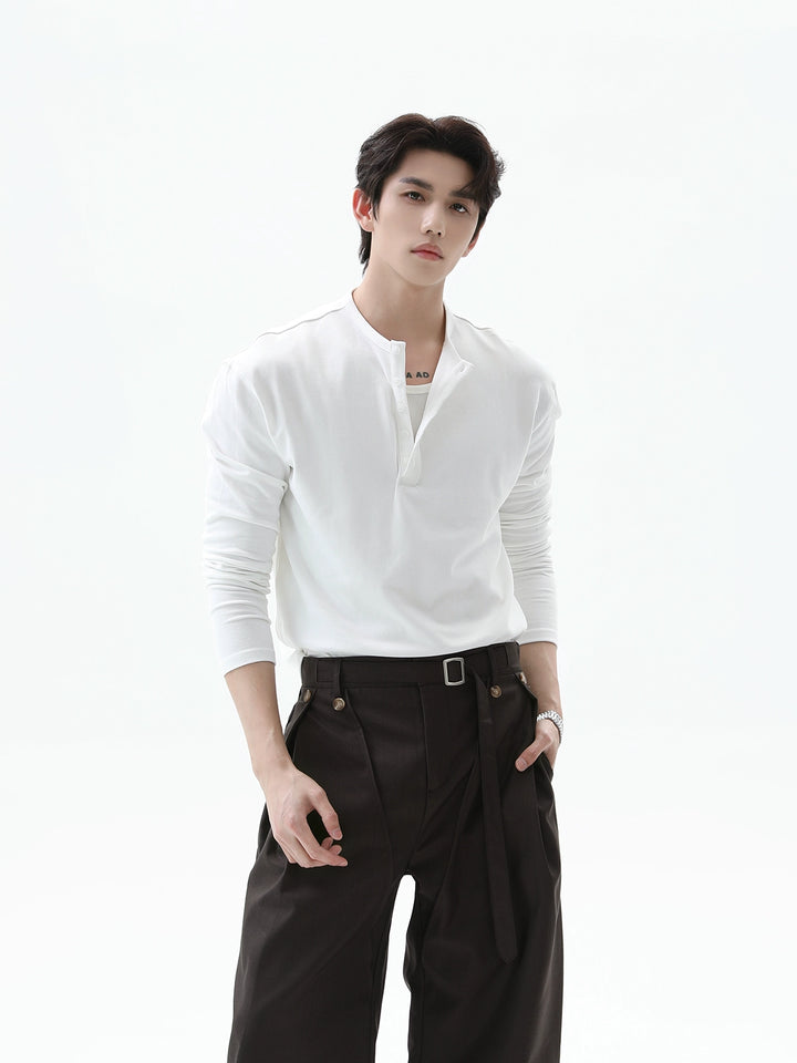 Henley-Kragen Langarm Slim Pullover 