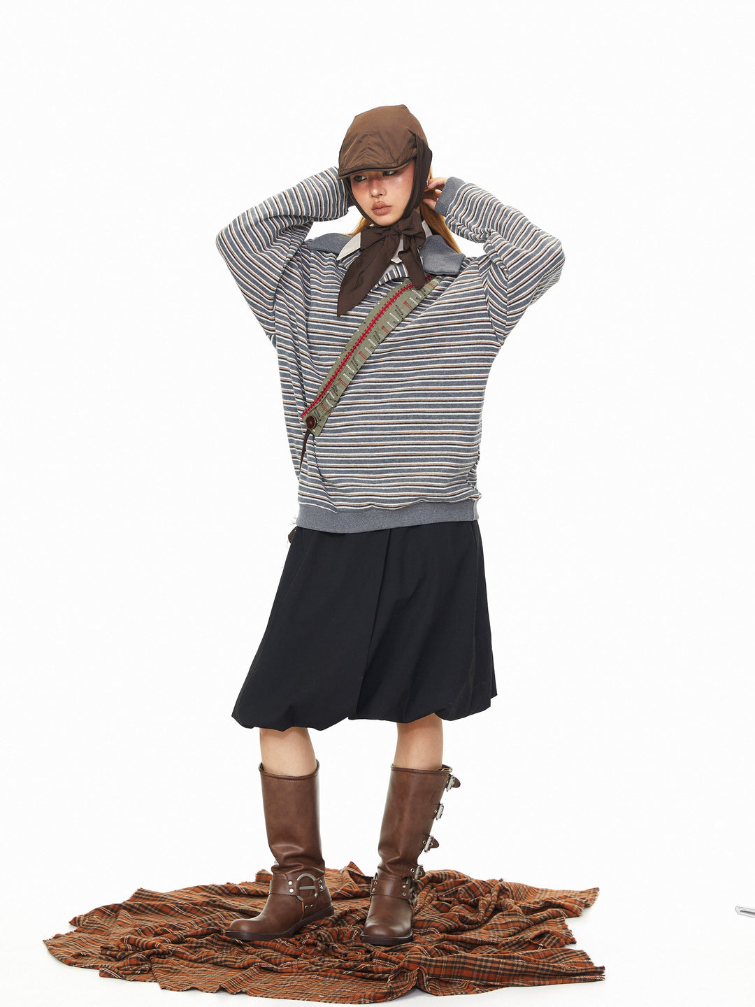 Striped Polo Collar Long Sleeve Hoodie