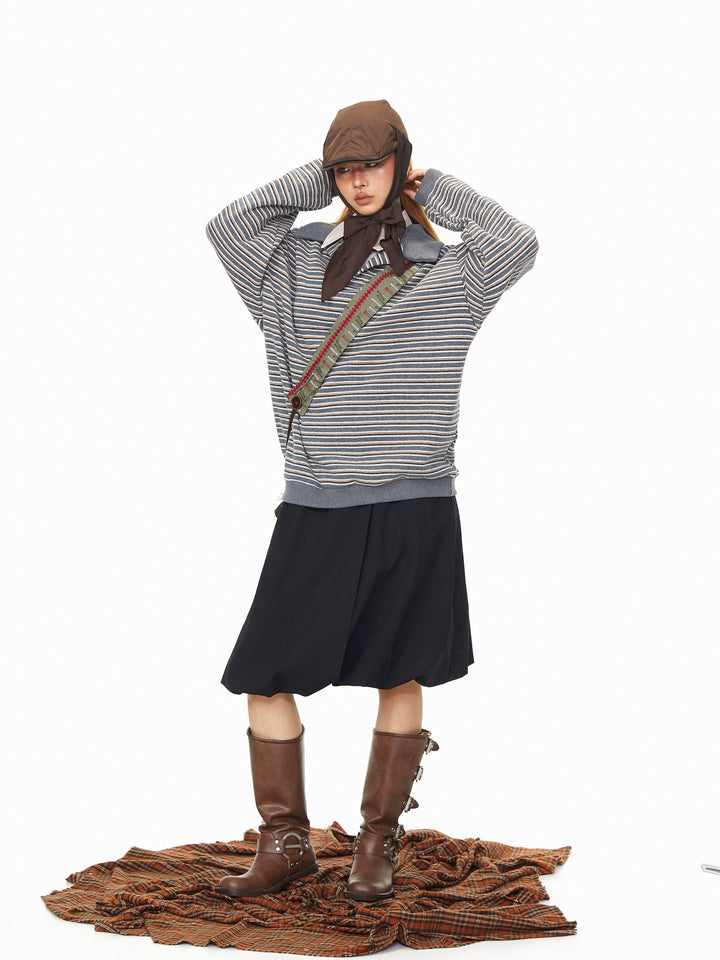 Striped Polo Collar Long Sleeve Hoodie